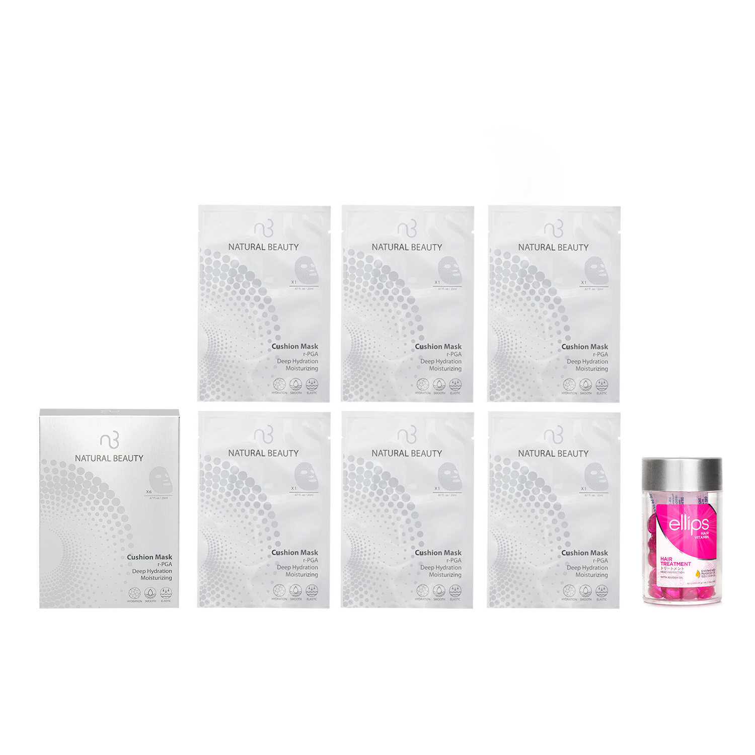 Ellips Ellips Hair Vitamin Oil - Hair Treatment 50capsules x1ml X Natural Beauty r-PGA Deep Hydration Moisturizing Cushion Mask (Exp Date: 01/2026) 6x 20ml 2pcs
