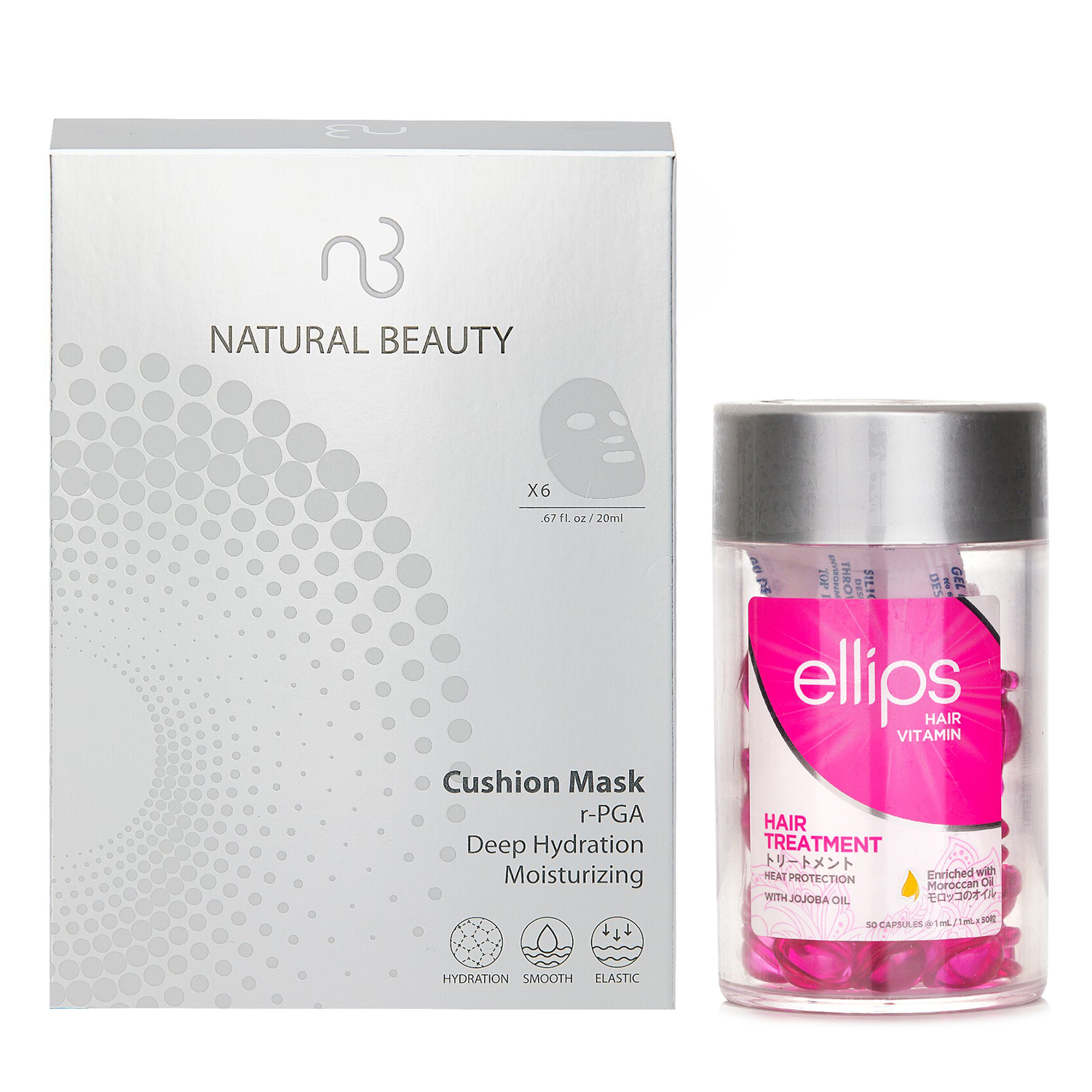Ellips Ellips Hair Vitamin Oil - Hair Treatment 50capsules x1ml X Natural Beauty r-PGA Deep Hydration Moisturizing Cushion Mask (Exp Date: 01/2026) 6x 20ml 2pcs