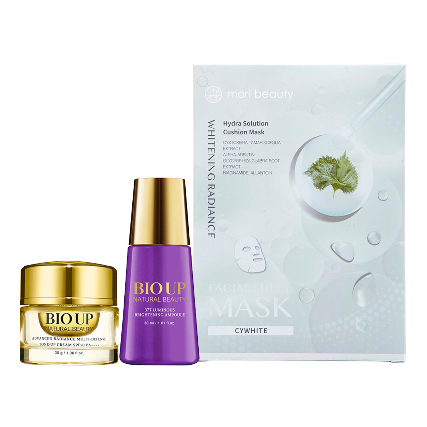 Natural Beauty 60일 브라이트닝 및 리페어 세트: 하이드라 솔루션 쿠션 마스크 (화이트닝 레이디언스)+어드바이스 레이디언스 멀티-디펜스 톤업 크림 SPF50+377 야광 브라이트닝 앰플 3pcs