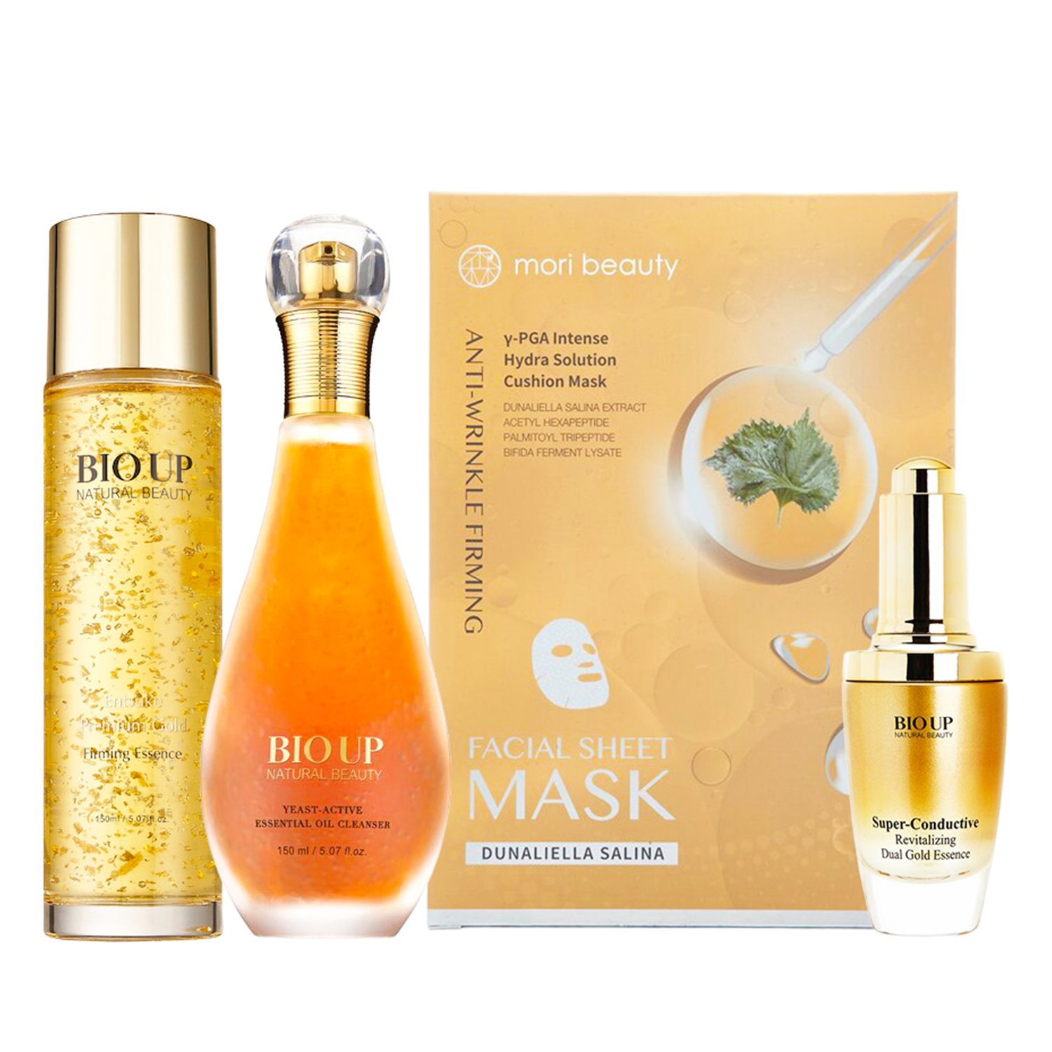 Natural Beauty 90-Day Anti-Aging Skin Care Management Set:Hydra Solution Cushion Mask (Anti-Wrinkle Firming)+Yeast Active Essential Oil Cleanser+BIOUP Super-Conductive Revitalizing Dual Gold Essence+BIOUP Entsuke Premium Gold Firming Essence 4pcs