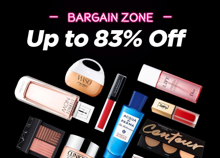 Bargain zone sale, up to 83% off, bargain prices, skincare, makeup, fragrance, Marc Jocabs, YSL, beauty sale